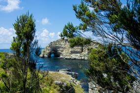 panoramic view from the green sea coast on a sunny day