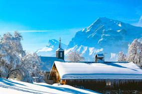 Beautiful, snowy landscape with huts, among the trees, near the mountains, in sunlight, in the winter