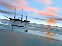 sailing ship reflected in idyllic water