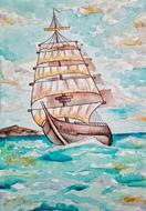 watercolor painting of figure ship