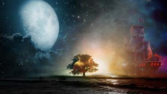 surreal landscape with full moon and ship