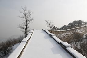 Beautiful, snowy landscape of Badaling Great Wall in China, among the plants, in fog