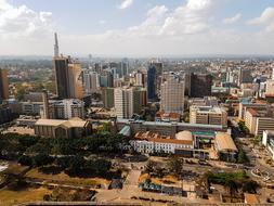 Cityscape of Nairobi, Kenya, Africa, with colorful buildings and plants in sunlight