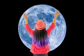 Back view of the girl in pink hat, and with colorful hair, at background with the Moon, at black background, clipart