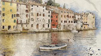 Beautiful and colorful painting with boat on the water, near the buildings, clipart