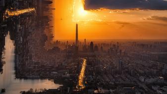 photomontage of new york city in water space during sunset