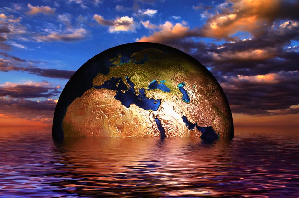 earth globe in water at sunset, collage