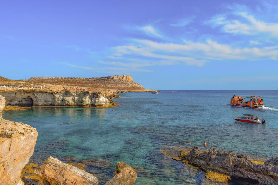 Panoramic view of the caves on the coast in Cavo Greko