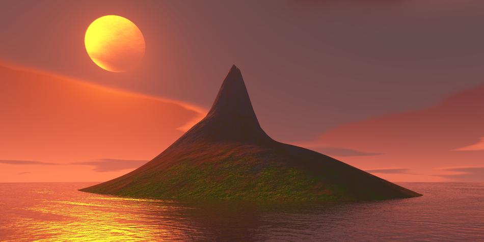Beautiful island with the mountain, at colorful sunset in the sky with clouds