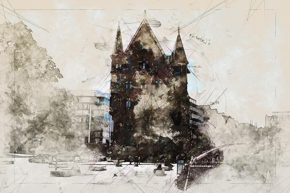 Beautiful, dark drawing of the castle with windows