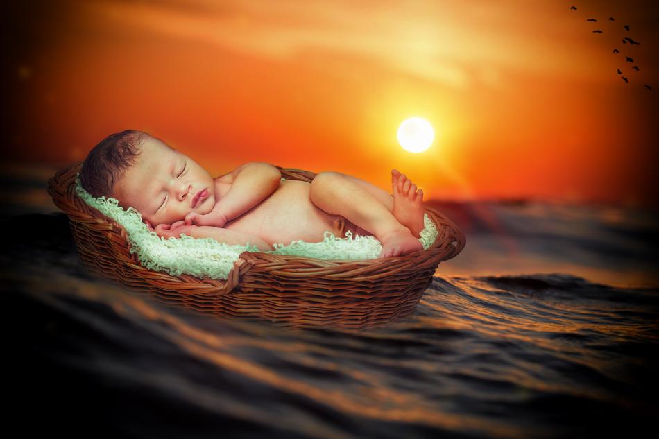 baby slips in basket on water, digital art