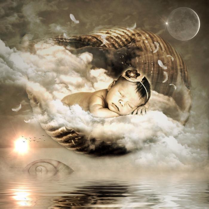 Baby sleeping on the clouds, above the water, at the Moon and Sun, clipart