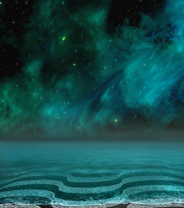 surreal turquoise starry sea with aurora borealis background