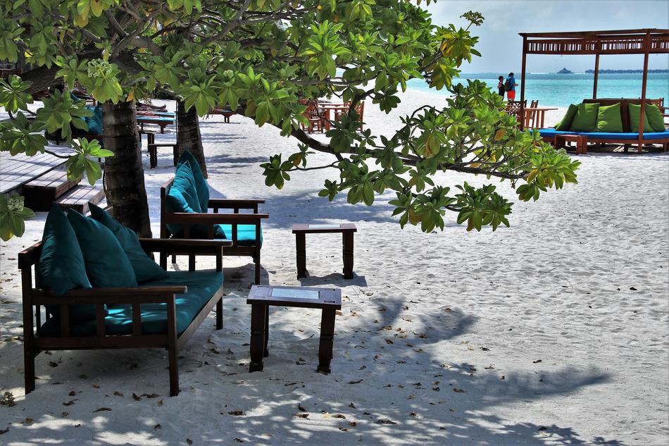 benches with blue pillows on the beach in the Maldives