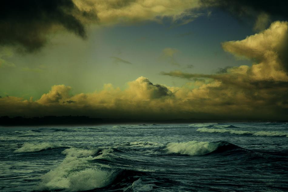 typhoon over the coast at dusk