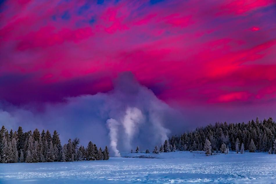 pink blue twilight over the Yellowstone Geyser