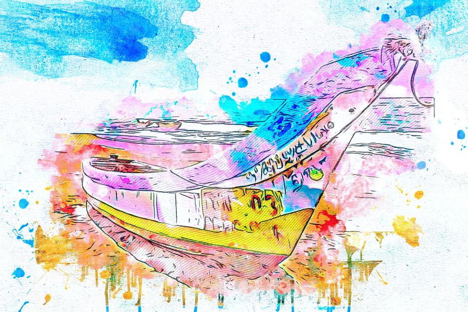Beautiful and colorful painting of the boat, with paint splatter, clipart