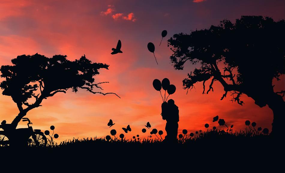 silhouette of couple with balloons in nature