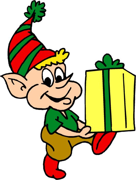 Colorful and beautiful drawing of the cute, smiling elf in hat, with the gift, at white background, clipart