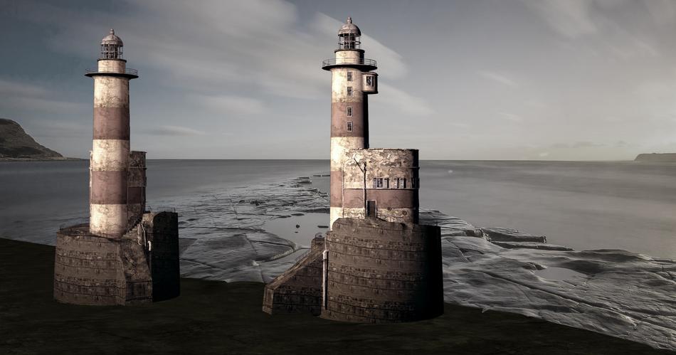 3d models of the lighthouses, on the coast, in the evening, clipart