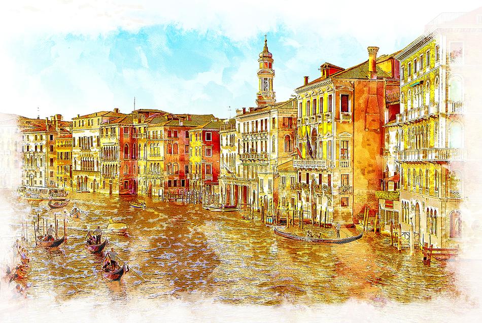 painting in the form of a canal near buildings in venice