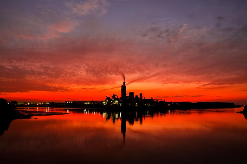 city skyline on background of night red sky in Korea