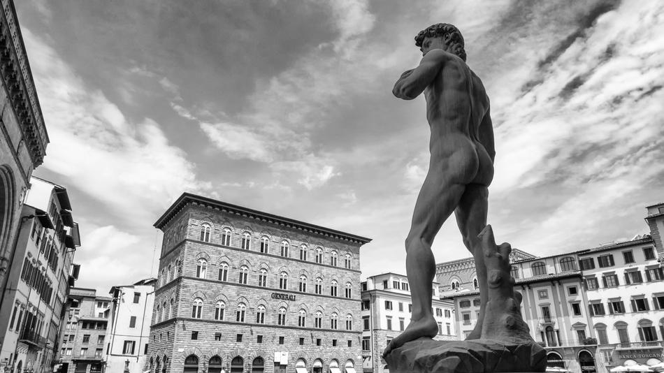 Beautiful, black and white photo of Florence, Italy, with the statue of David by Michelangelo