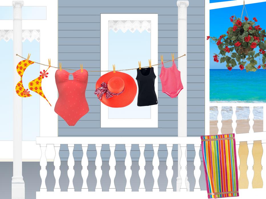 hat, swimsuit, umbrella on a rope at home