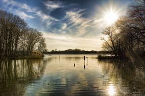 Beautiful lake among the colorful trees, in sunlight, in Heinz Wildlife Refuge, USA