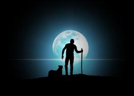 man and animal, black silhouette at blue Full Moon, digital art