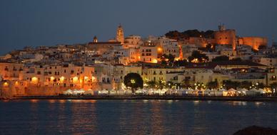 distant view from the water of the city of Vieste at night