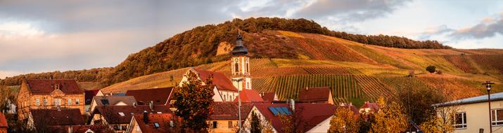 Beautiful and colorful landscape of Heilbronn, near the mountains with vineyard and plants, in Germany, under the clouds