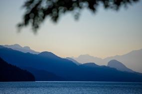 Beautiful landscape of Harrison Lake and mountains, at colorful and beautiful twilight