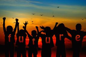 Silhouettes of the children with "future" sign, at colorful sunset with clouds and flying birds, clipart