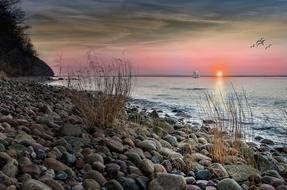distant view from the rocky coast to the sunset on the horizon