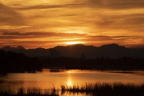 Beautiful landscape with water among the silhouettes of the plants, near the mountains, at colorful and beautiful sunset with clouds