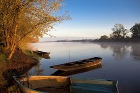 wooden boats are reflected in the loire river, France