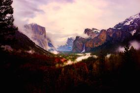 Yosemite National Park Valley in the cloudy twilight