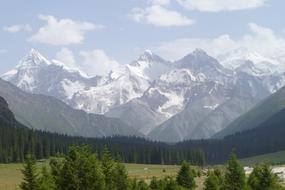 distant view from the valley to the high snow-capped mountains