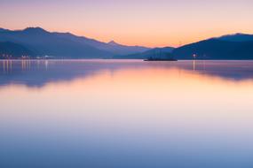 Beautiful North Han River in Yangpyeong, Korea, among the mountains, at colorful and beautiful dawn