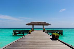 wooden pier over bright turquoise water in the maldives