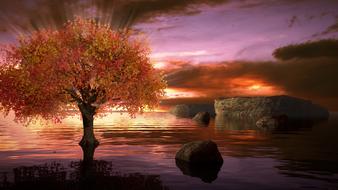 tree with golden foliage on waterside, digital art