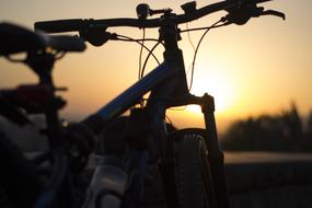 Bike on the beautiful landscape with plants, at colorful and beautiful sunset on horizon