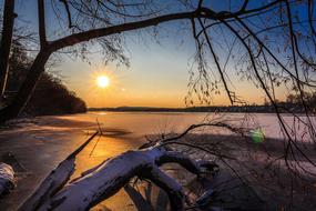 Beautiful landscape of the lake, among the trees, in Berlin, Germany, at colorful and beautiful dusk