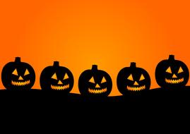 five silhouettes of halloween pumpkins on orange background