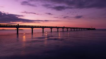 Beautiful waterscape with the bridge above the Baltic Sea, under the flying birds, in Germany, at colorful and beautiful sunset