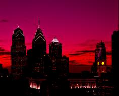 crimson sunset over philadelphia architecture