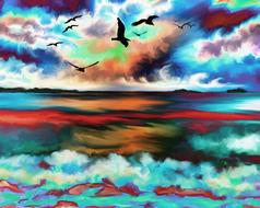ocean waves birds colorful art