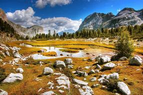 landscape of Dolomites Mountains River