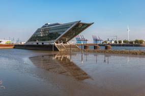 Dockland of the Elbe River in Hamburg, Germany, under the blue sky